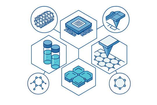 Nanotechnology and materials science concept with microchip, nanotubes, and molecular structures