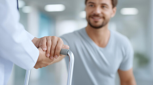 Physical therapist assisting man with prosthetic defocused crutches, faceless rehabilitation session, mobility visualization detail, blurred bright clinic, prosthetic concept, ther - Powered by Adobe