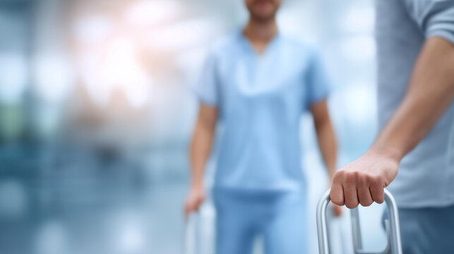 Physical therapist assisting man with prosthetic defocused crutches, faceless rehabilitation session, mobility visualization detail, blurred bright clinic, prosthetic concept, ther