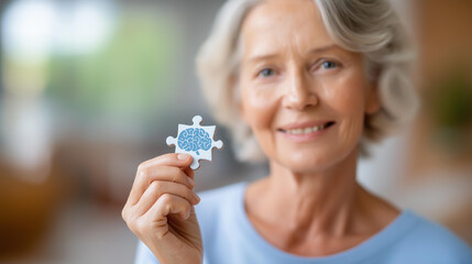 Elderly woman holding puzzle with brain symbol defocused dementia, faceless Alzheimer's concept, mental health visualization detail, blurred awareness background, senior support co