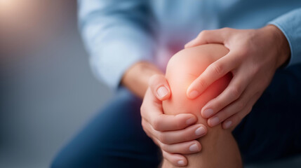 Knee pain hands with glowing spot defocused joint, faceless pain indicator, visualization detail closeup, blurred holding background, medical concept, injury interface, pain displa