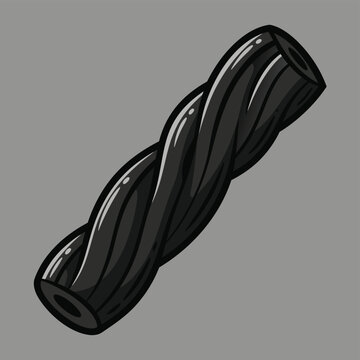 A single piece of black twisted licorice candy with a glossy finish on a plain grey background.