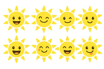 Set of eight yellow sun characters showing smiling, winking, and laughing faces