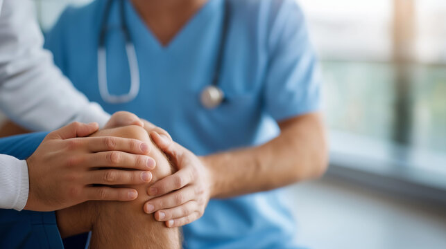 Physiotherapist examining knee joint during therapy defocused clinic, faceless rehabilitation session, orthopedic visualization detail, blurred modern background, treatment concept