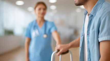 Fototapeta premium Nurse assisting patient with crutches defocused physiotherapy, faceless rehabilitation session, mobility visualization detail, blurred clinic background, recovery concept, therapy