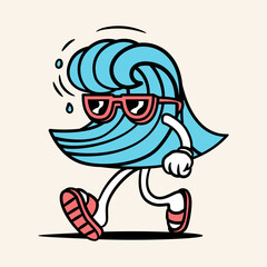 Fototapeta premium Blue ocean wave character with sunglasses, walking confidently in a summer surf style.