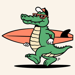 Fototapeta premium Crocodile surfer cartoon holding a surfboard, wearing a cap and walking with attitude.