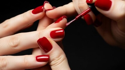 Woman Applying Red Nail Polish to Her Nails.