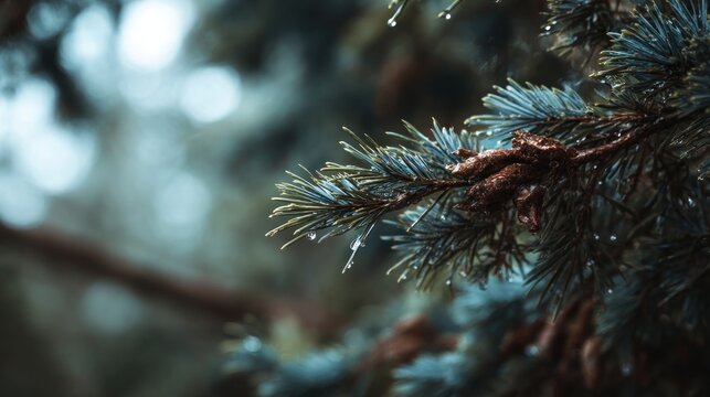 Delicate droplets clinging to a pine branch, nature's elegant simplicity - Powered by Adobe
