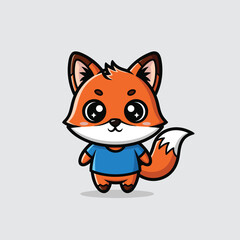 Cute cartoon fox character with big eyes wearing a blue shirt, standing on a light gray background.