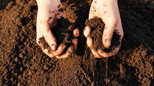 Hands scoop up a pile of dark, nutrient-rich earth, letting it sift through fingers, representing gardening, growth, nurturing, and sustainable organic farming practices