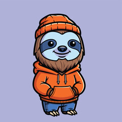 Naklejka premium Cute cartoon sloth wearing an orange beanie and matching hoodie, with blue jeans, standing against a light purple background.