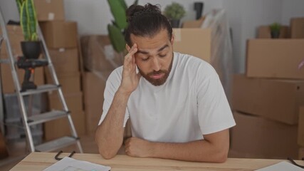 Man touching temple while sitting at table among moving boxes in building and looking at bills and papers; new home worry.