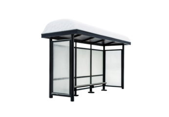 Modern black bus shelter with glass panels and bench, isolated on a transparent background