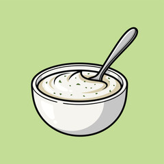 A cartoon illustration of a white bowl filled with creamy white dip or sauce with green specks and a spoon, on a light green background.