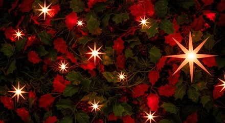 Warm Christmas decoration with glowing fairy lights and red leaves, cozy festive background for winter holiday celebration and greeting cards.