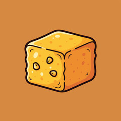 Cartoon yellow cheese cube illustration on orange background.