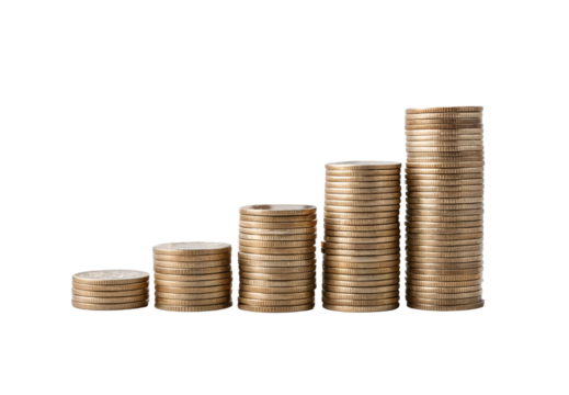 Ascending piles of golden coins demonstrating investment increase, isolated on a transparent background