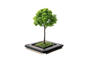 Green tree growing from computer processor chip, isolated on a transparent background