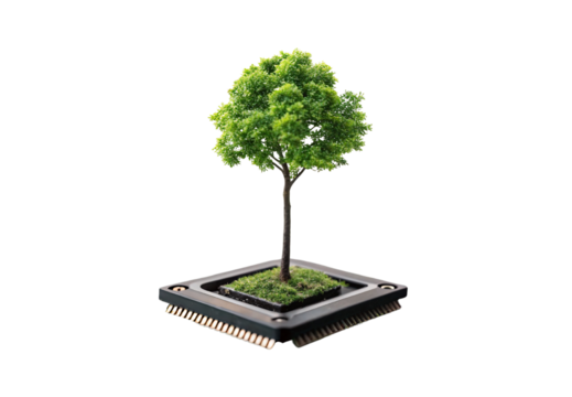 Green tree growing from computer processor chip, isolated on a transparent background