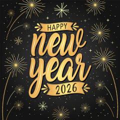 Happy new year 2026 with festive. Lettering Composition With Stars And Sparkles. Vector Illustration. dark background. holyday decorative elements, congratulation.