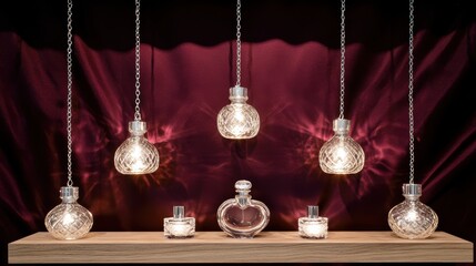 Elegant perfume bottles and hanging lights on a wooden shelf