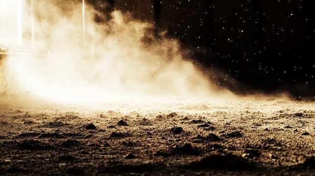 Dust particles swirling in a hazy atmospheric cloud over a dry textured ground surface illuminated by faint light