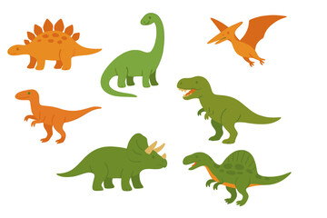 Collection of cute prehistoric dinosaur characters featuring T-Rex, Triceratops, and Stegosaurus © Alan