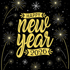 Happy new year 2026 with festive. Lettering Composition With Stars And Sparkles. Vector Illustration. dark background. holyday decorative elements, congratulation.