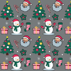 Cute Christmas Seamless Pattern with Santa, Snowman, Tree and Gifts
