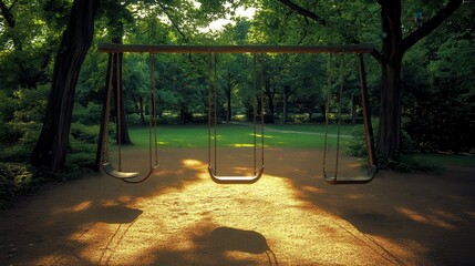 Empty playground swings sway gently in the soft sunlight dappled with shadows amidst a park with lush green trees