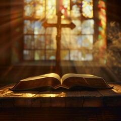 realistic still life of an open Bible on a wooden altar with a golden cross behind it