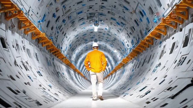 Engineer's Journey: An engineer strides confidently through a futuristic tunnel, embodying innovation and the pursuit of progress in a technological marvel.
