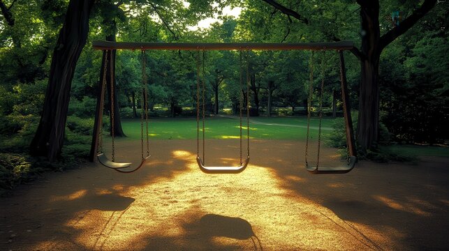 Empty playground swings sway gently in the soft sunlight dappled with shadows amidst a park with lush green trees