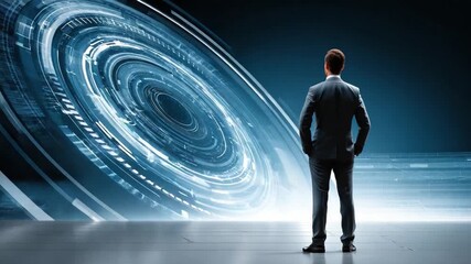 Business Vision and Technological Advancement: A sharply dressed businessman stands with his back to the viewer, gazing thoughtfully at a futuristic, swirling technological display.