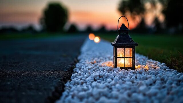 A lantern glows on a gravel path, a road disappears into the background as the sun sets