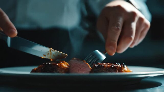 A skilled chef expertly cuts into a perfectly cooked steak, steam rising as the tender meat is sliced. The careful technique highlights the high-quality food served in this dining establishment.