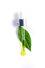 Drops of oil pipette isolate on white background. Selective focus.