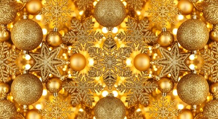 Golden symmetrical pattern of shiny baubles, artistic festive abstract design, luxurious Christmas and New Year background.