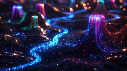 Glowing data cables in a futuristic digital landscape pulsating