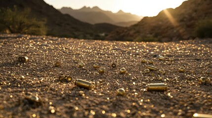 Golden hour illuminates piles of spent brass shell casings glinting on dusty desert ground with mountains in the background