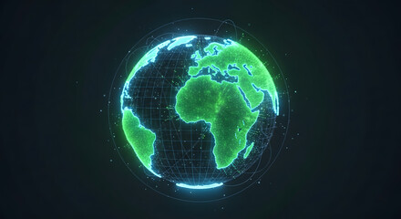 Digital Earth globe with green continents and blue grid lines.