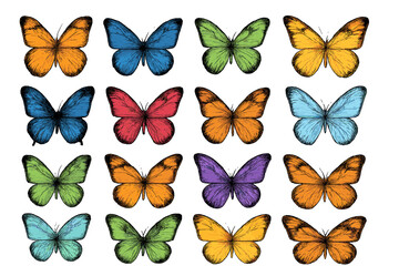 Vibrant assortment of colorful butterflies arranged against a clean white background