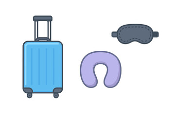 Blue rolling suitcase, comfortable neck pillow, and dark sleep mask for essential travel