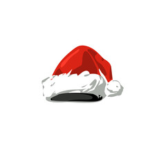Santa hat vector illustration. Red plush hat with cuff and matching pompon isolated on white background. Warm winter season holiday fluffy cap. Festive christmas celebration costume element.