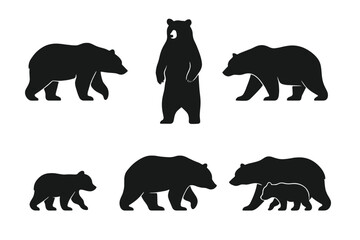 Minimalist black silhouettes of bears in various poses including walking, standing, and a mother with a cub