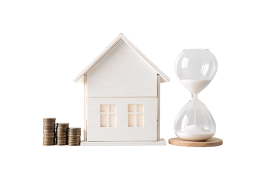 Model house with hourglass and stacked coins nearby, isolated on a transparent background