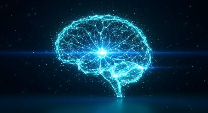 Digital brain with neural network connections on a dark background.