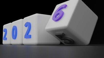 White Cubes With Rolling Purple Six Showing 2025 To 2026 Year Transition In Low Angle View