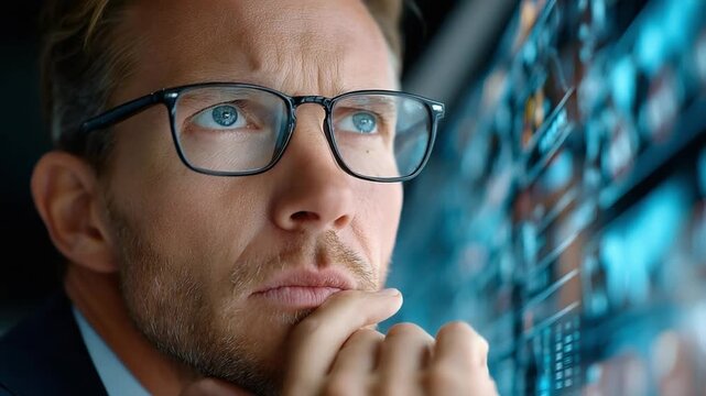 Focused Professional Contemplating: A sharp-witted professional, adorned with eyeglasses, immerses himself in a sea of data, his gaze fixated on complex information. He shows intense focus.